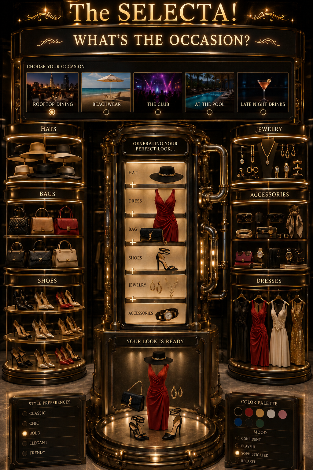 The SELECTA — an elegant brass-and-glass couture curation machine. Choose your occasion, browse hats, bags, shoes, jewelry, accessories and dresses, then generate your perfect look.